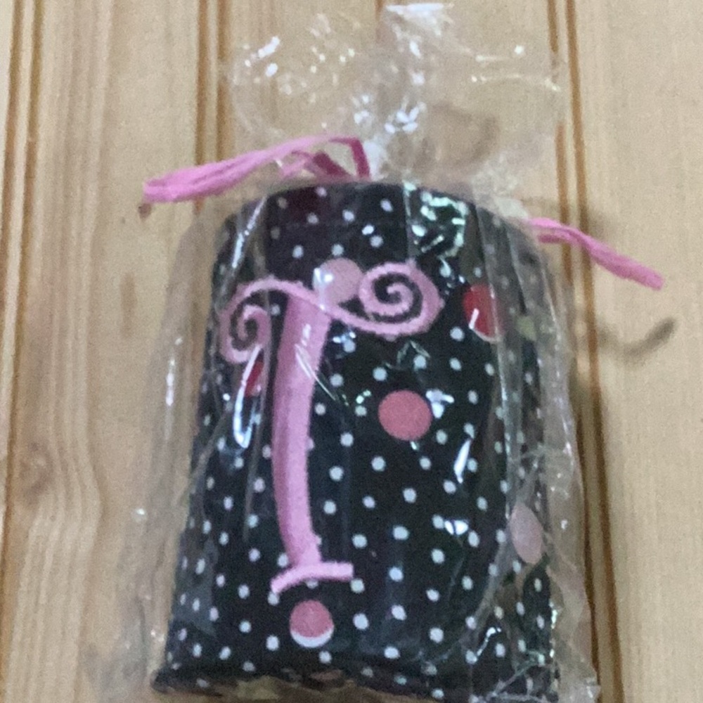 Embroidered Personalized Letter T Black‎ Pink Polka Dot Can Bottle Koozie